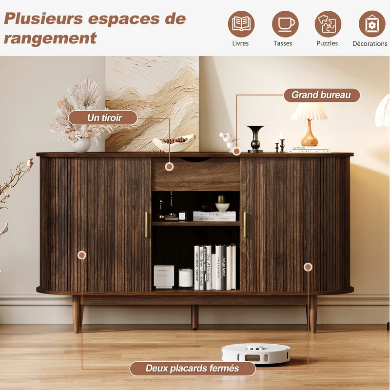 Buffet effet noyer à portes à latte et coulissantes, style vintage 140 cm RUSTICTHROW