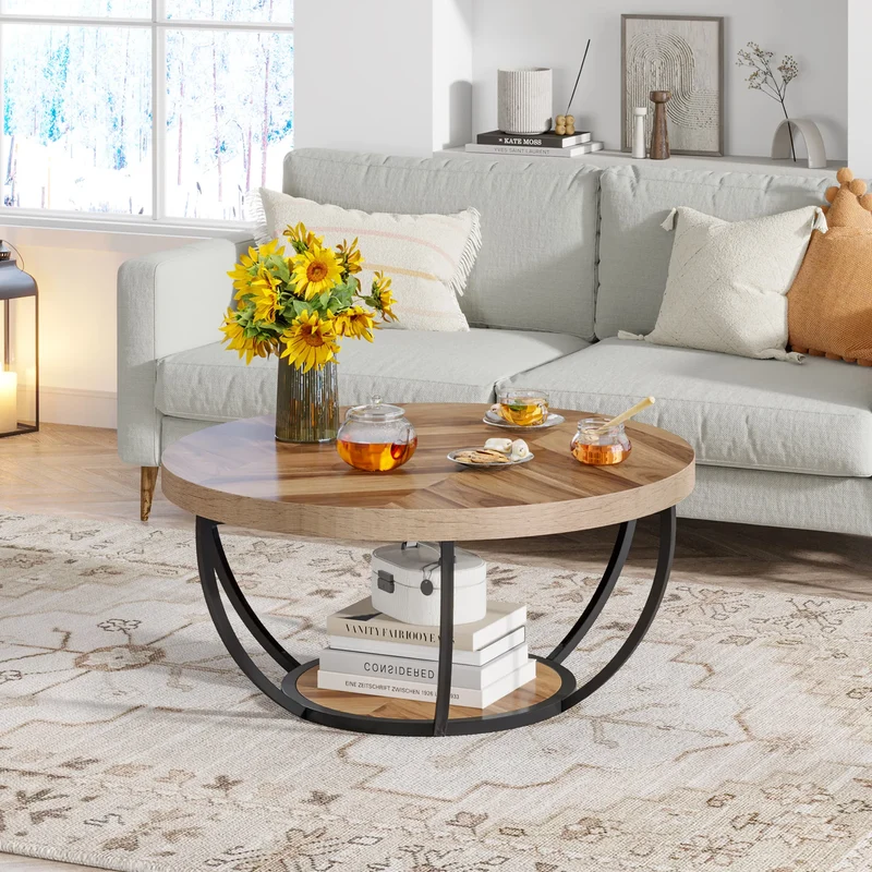 Table basse Jérôme — bois, style industriel, rangement intégré, 2 niveaux