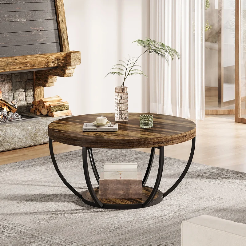 Table basse Jérôme — bois, style industriel, rangement intégré, 2 niveaux