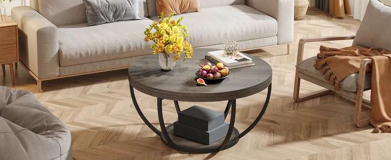 Table basse Jérôme — bois, style industriel, rangement intégré, 2 niveaux