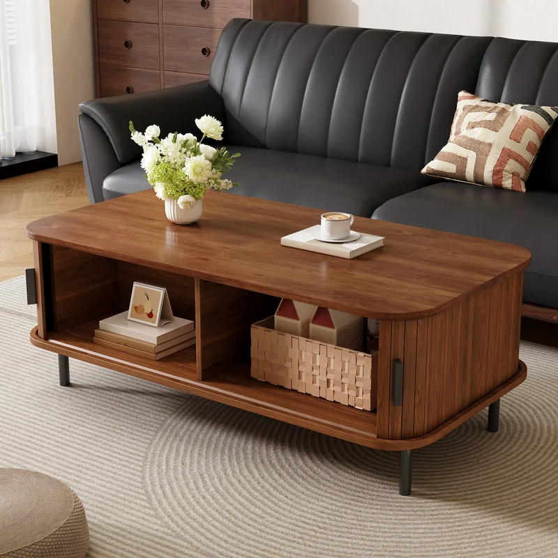 Table basse effet noyer avec portes coulissantes 120x55x45cm PILLOWPLUS