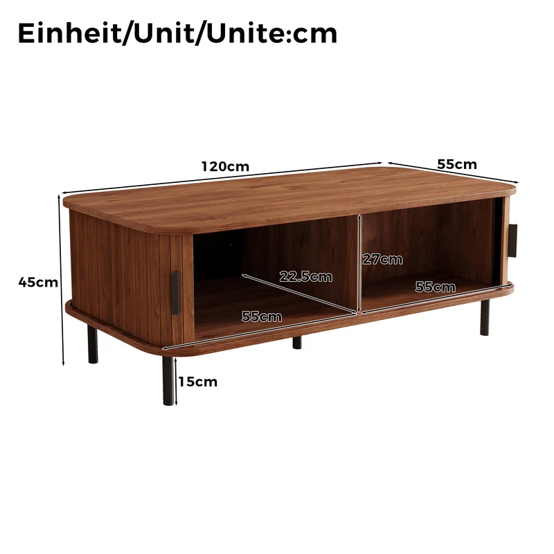 Table basse effet noyer avec portes coulissantes 120x55x45cm PILLOWPLUS
