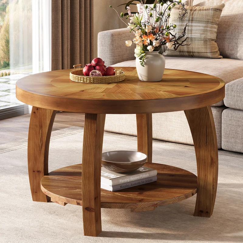 Table basse Yvonne — finition marron, bois massif, rangement intégré, 2 niveaux