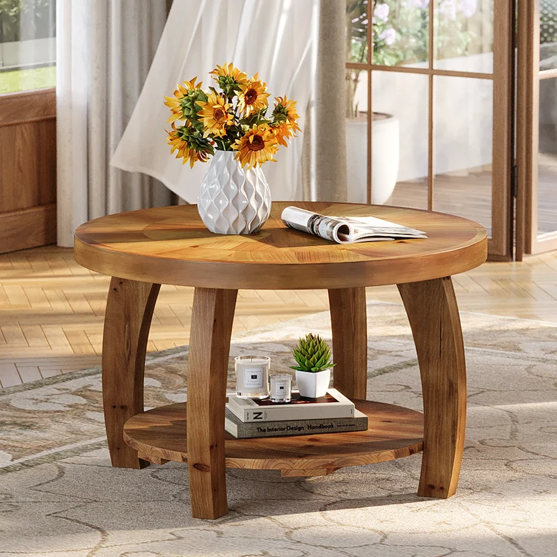 Table basse Yvonne — finition marron, bois massif, rangement intégré, 2 niveaux