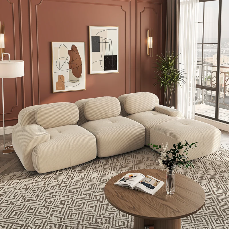 Canapé d’angle modulable 298 cm en velours côtelé beige, ergonomique BACKWASH