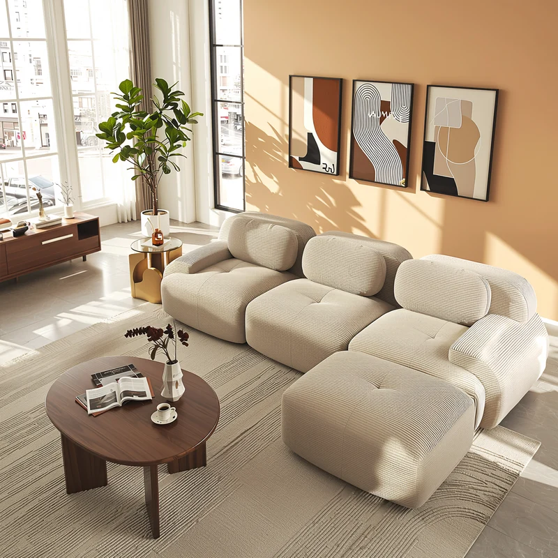 Canapé d’angle modulable 298 cm en velours côtelé beige, ergonomique BACKWASH