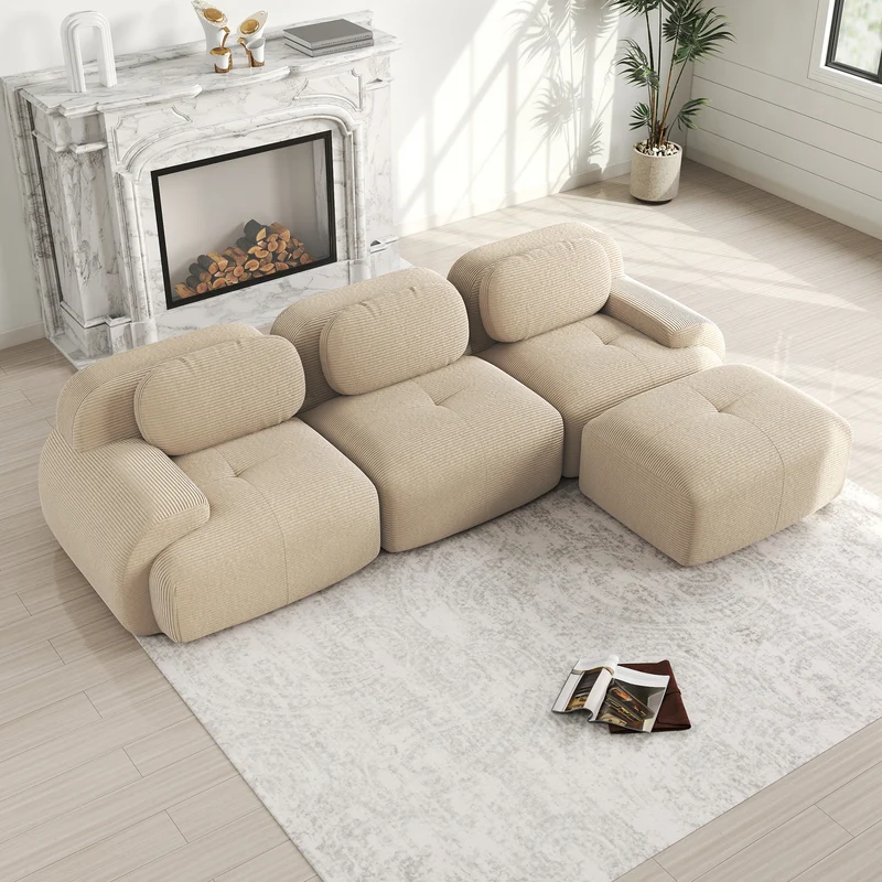 Canapé d’angle modulable 298 cm en velours côtelé beige, ergonomique BACKWASH