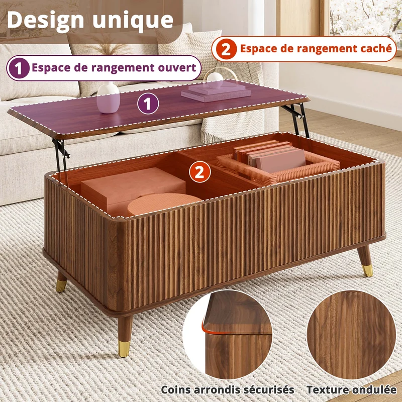 Table basse relevable effet noyer 97x52cm ADJUSTBAMBOOPLUS
