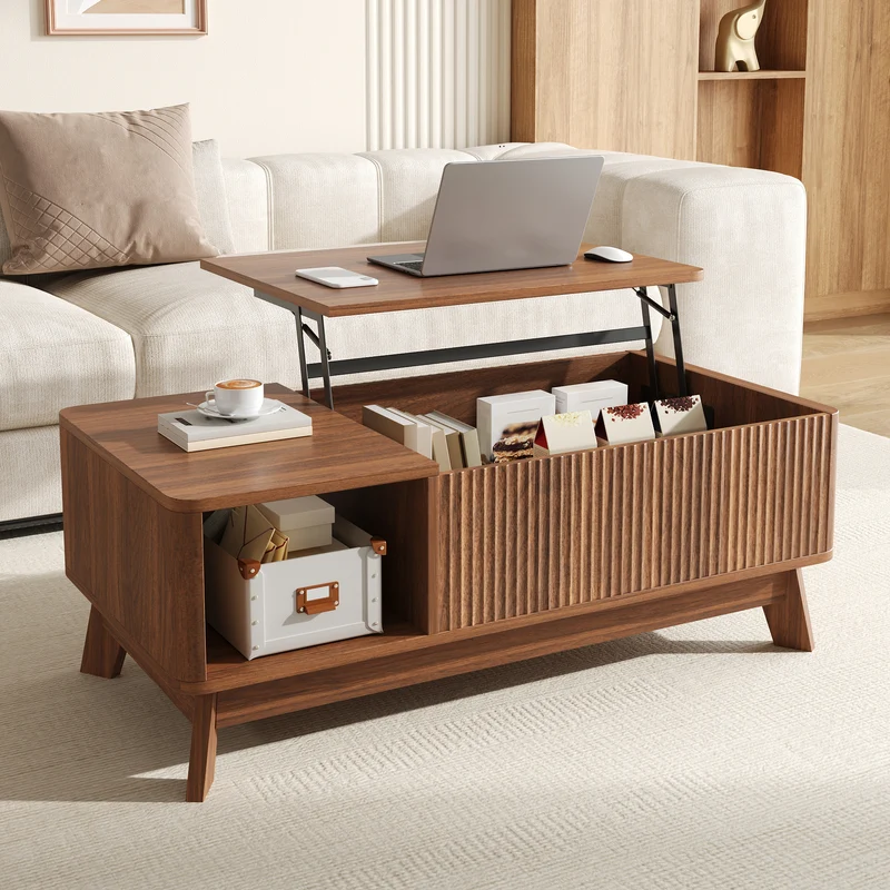 Table basse relevable effet noyer 1 niche 95x48cm ADJUSTCONCRETEELITE