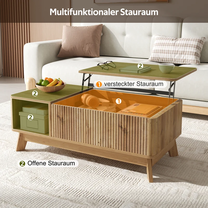 Table basse relevable effet bois naturel design ondulé 95x48x50cm ADJUSTCHROMELINE