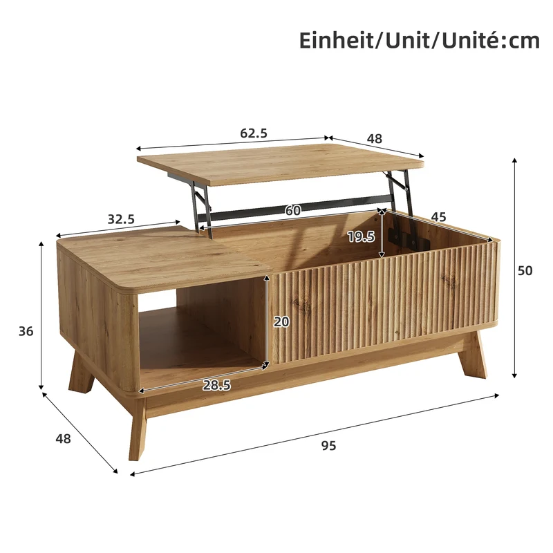 Table basse relevable effet bois naturel design ondulé 95x48x50cm ADJUSTCHROMELINE