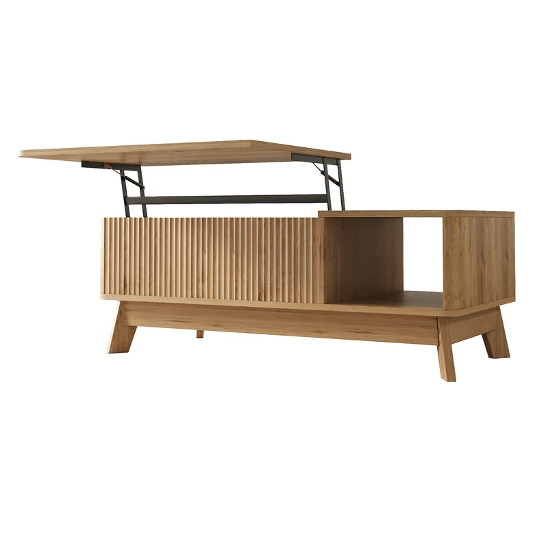 Table basse relevable effet bois naturel design ondulé 95x48x50cm ADJUSTCHROMELINE