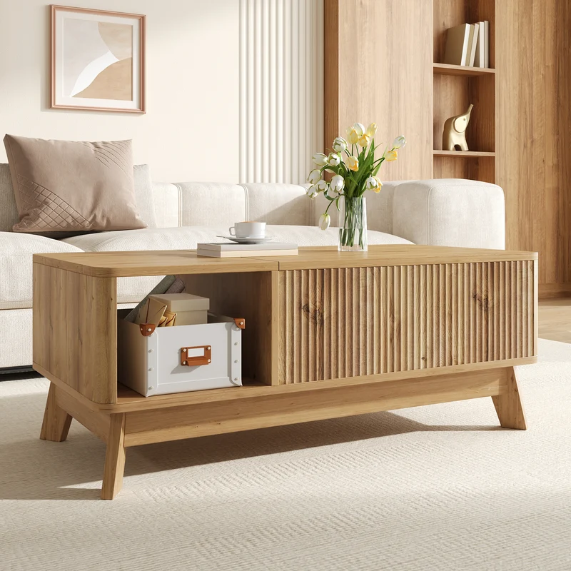 Table basse relevable effet bois naturel design ondulé 95x48x50cm ADJUSTCHROMELINE