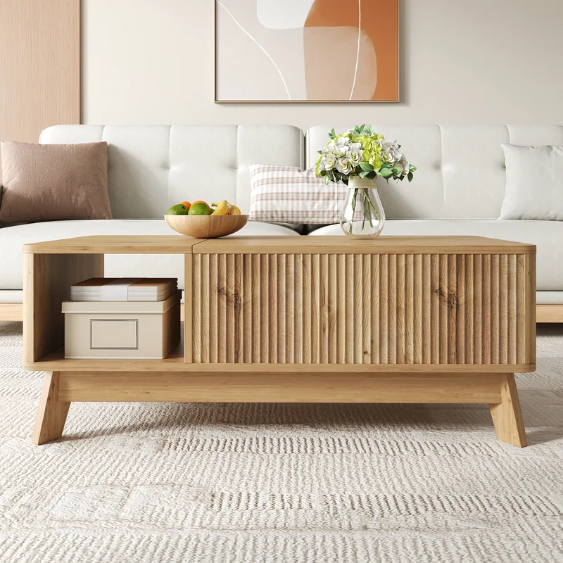 Table basse relevable effet bois naturel design ondulé 95x48x50cm ADJUSTCHROMELINE