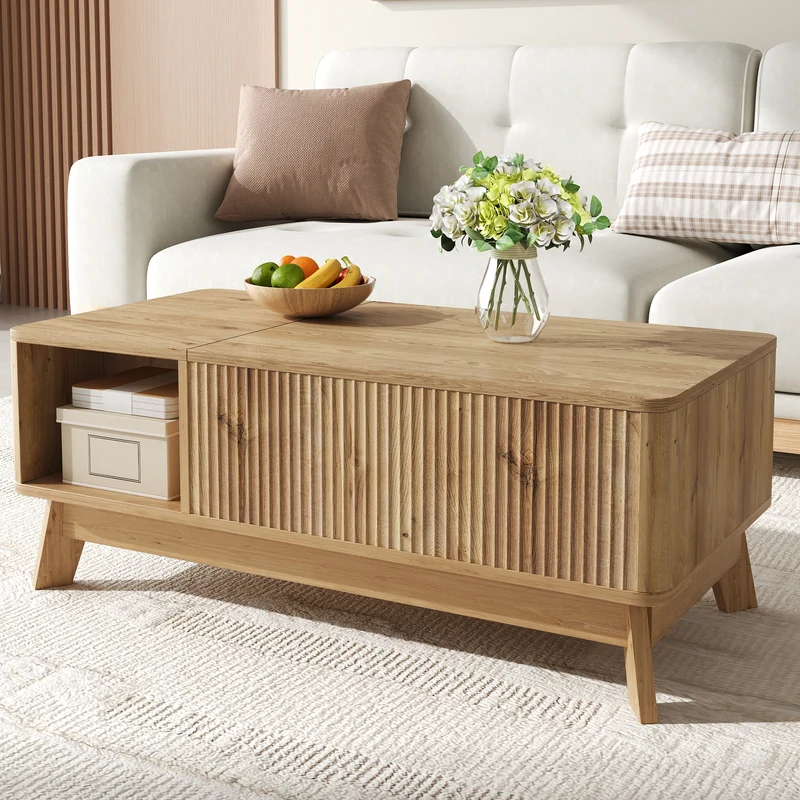 Table basse relevable effet bois naturel design ondulé 95x48x50cm ADJUSTCHROMELINE