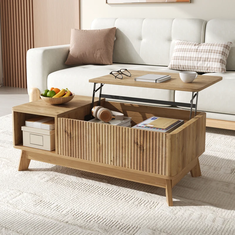Table basse relevable effet bois naturel design ondulé 95x48x50cm ADJUSTCHROMELINE