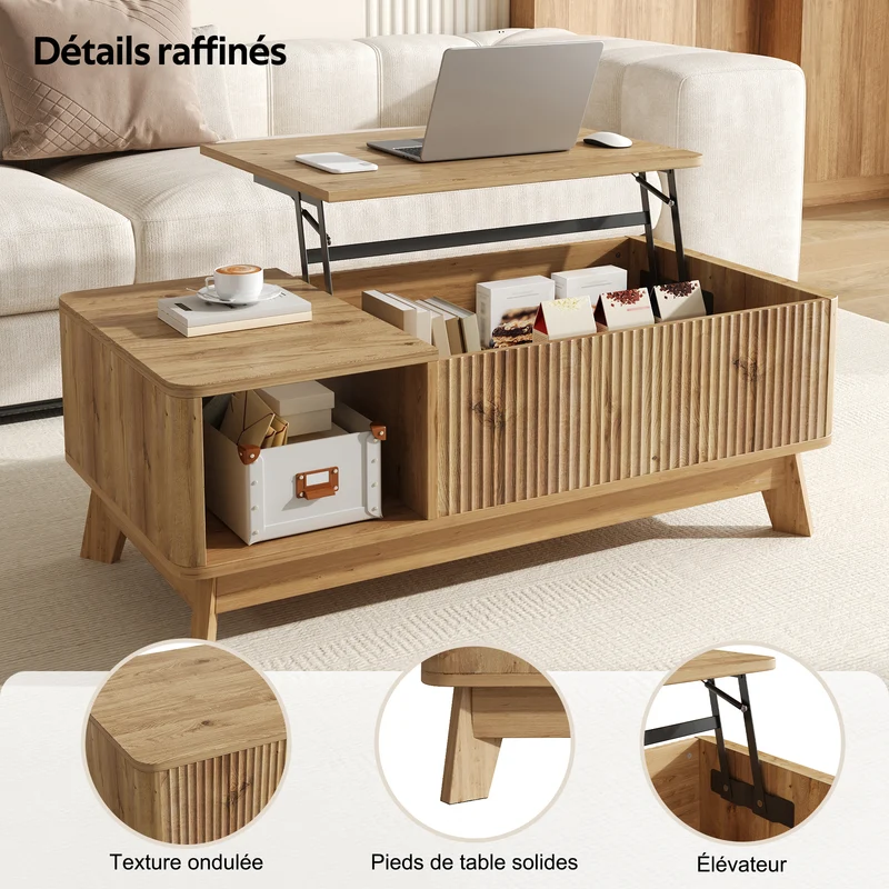 Table basse relevable effet bois naturel design ondulé 95x48x50cm ADJUSTCHROMELINE