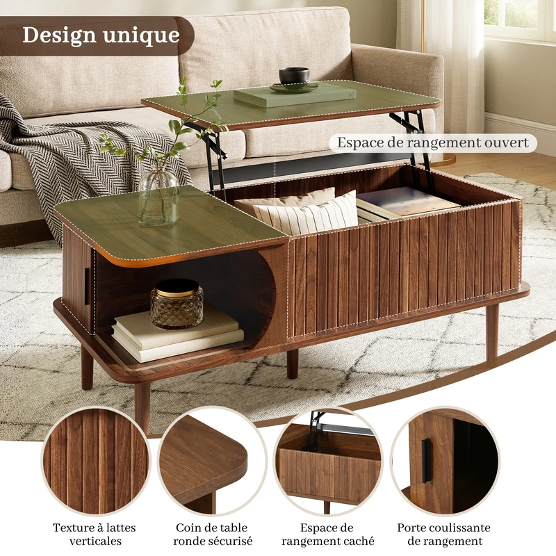 Table basse relevable effet bois noyer style rétro 100x48x55,5cm ADJUSTBOX