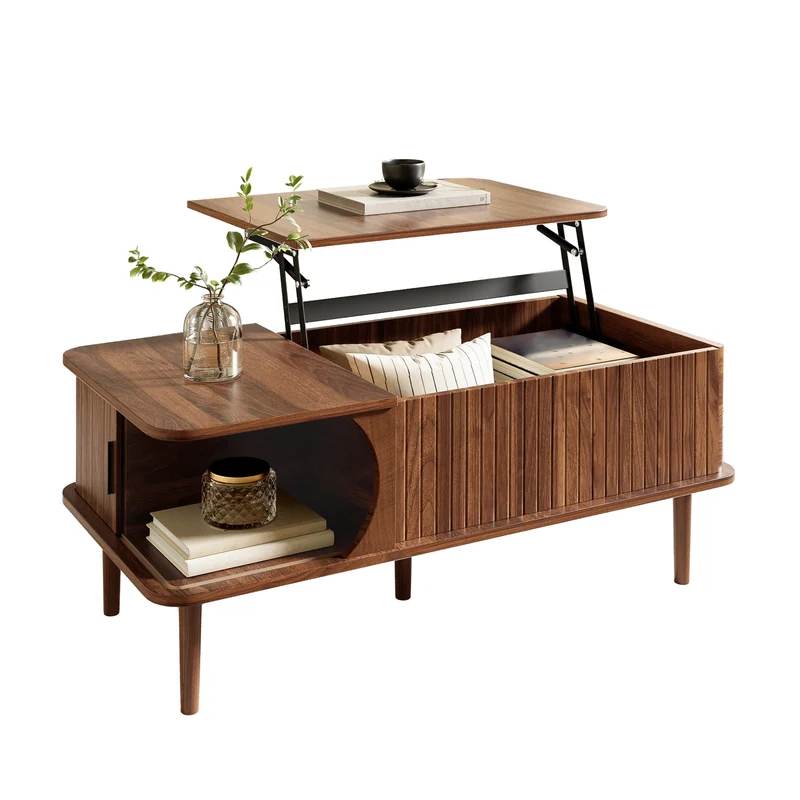 Table basse relevable effet bois noyer style rétro 100x48x55,5cm ADJUSTBOX