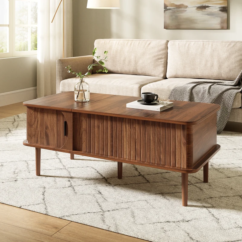 Table basse relevable effet bois noyer style rétro 100x48x55,5cm ADJUSTBOX