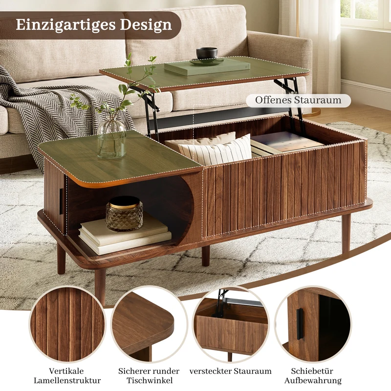 Table basse relevable effet bois noyer style rétro 100x48x55,5cm ADJUSTBOX