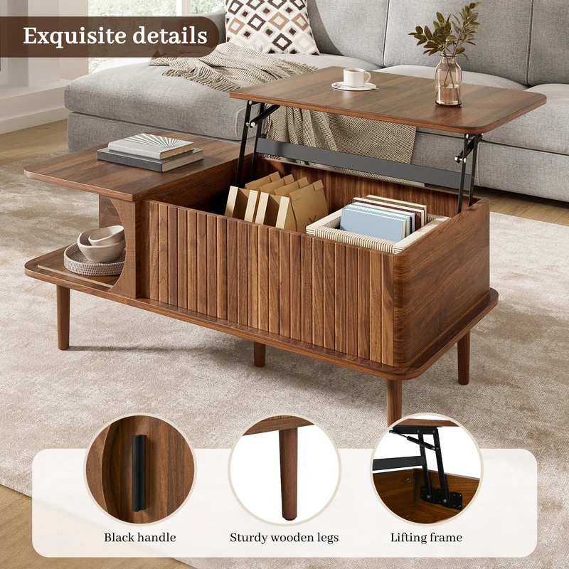 Table basse relevable effet bois noyer style rétro 100x48x55,5cm ADJUSTBOX