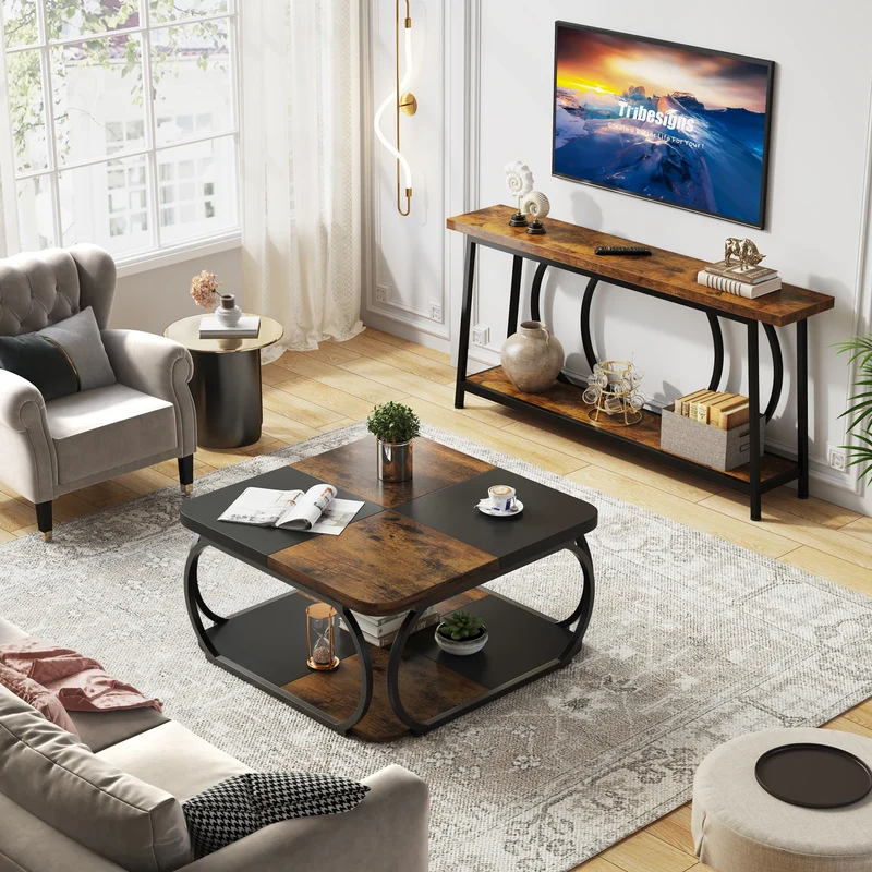 Table basse Mélanie — bois, métal, rangement intégré, 2 niveaux