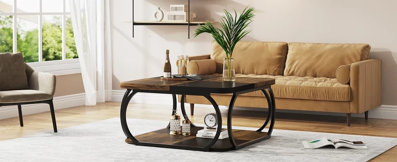Table basse Mélanie — bois, métal, rangement intégré, 2 niveaux