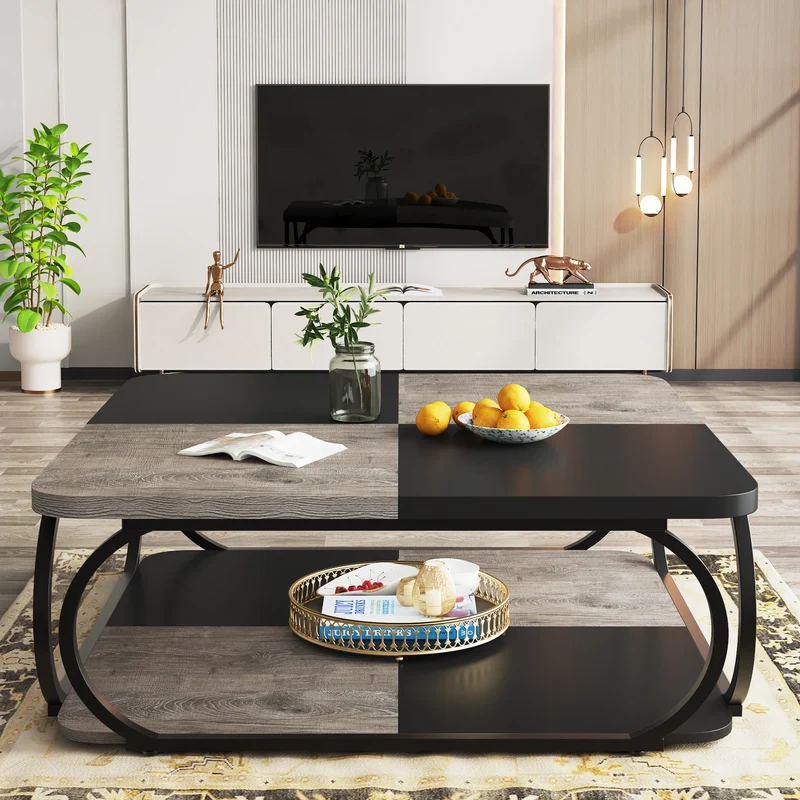 Table basse Mélanie — bois, métal, rangement intégré, 2 niveaux