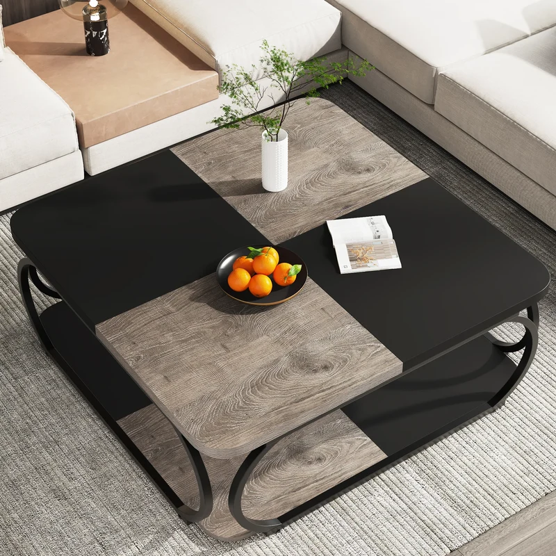 Table basse Mélanie — bois, métal, rangement intégré, 2 niveaux