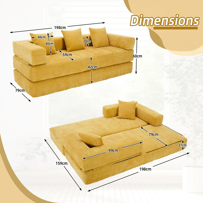 Canapé-lit 3 places convertible en velours côtelé jaune foncé 2 coussins haut dossier PINEMAX