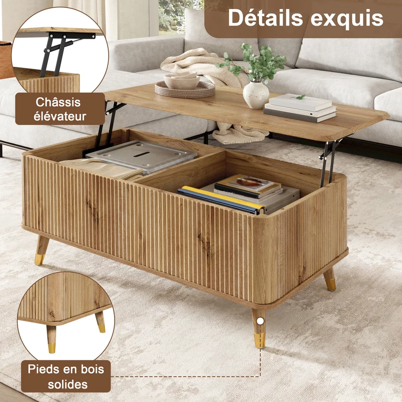 Table basse relevable effet bois à latte 97x52cm PILLOWFLOW