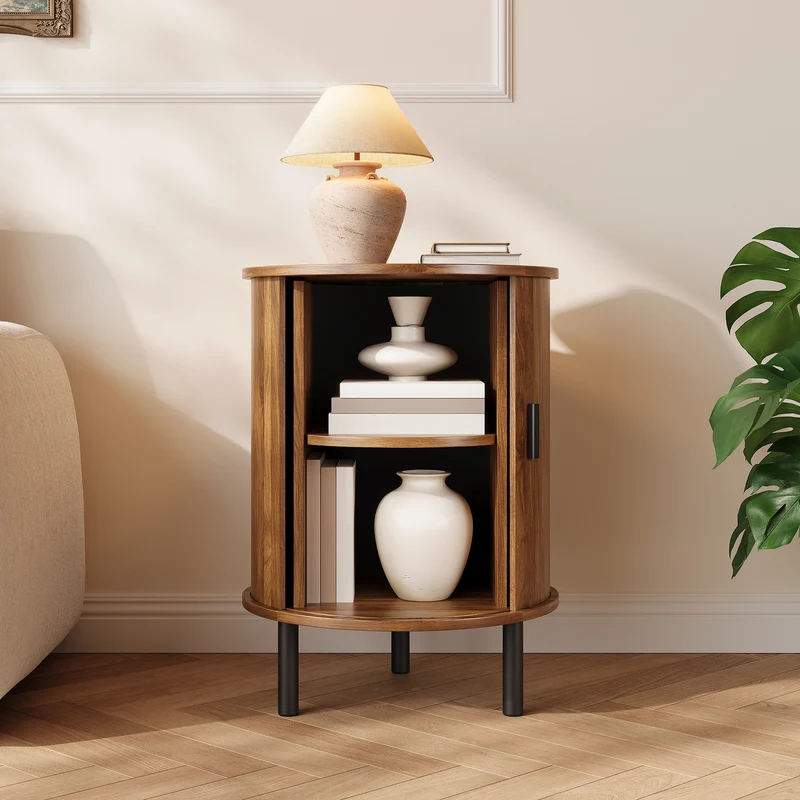 Table d’appoint ronde effet noyer avec rangement et porte coulissante 48cm PILLOWPLASTIC