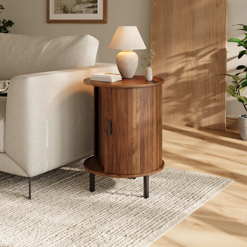 Table d’appoint ronde effet noyer avec rangement et porte coulissante 48cm PILLOWPLASTIC
