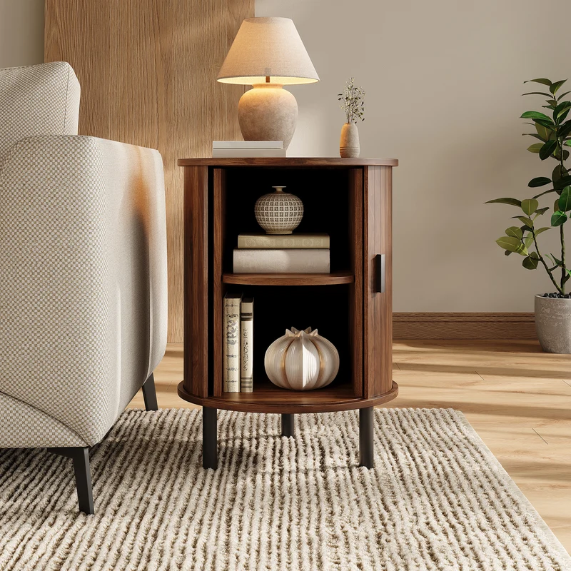 Table d’appoint ronde effet noyer avec rangement et porte coulissante 48cm PILLOWPLASTIC