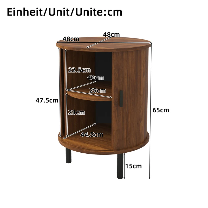 Table d’appoint ronde effet noyer avec rangement et porte coulissante 48cm PILLOWPLASTIC