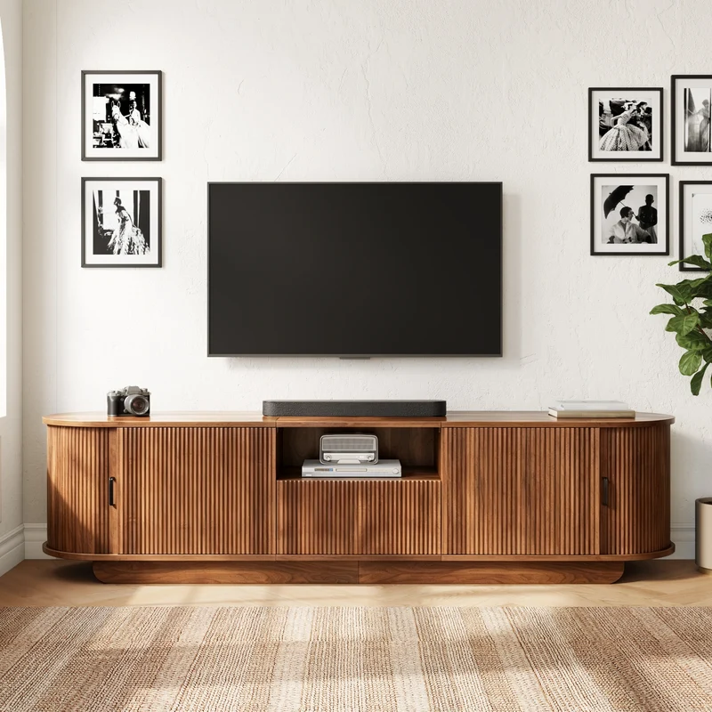 Meuble TV effet noyer avec portes coulissantes, tiroirs et façade 3D 180x40x50cm PILLOWRATTAN