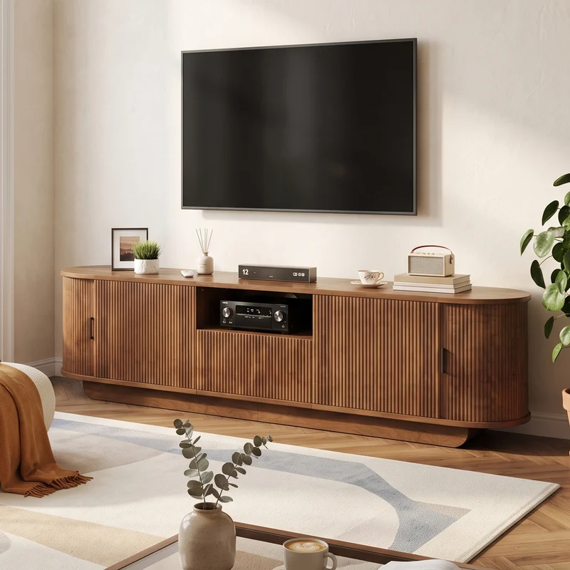 Meuble TV effet noyer avec portes coulissantes, tiroirs et façade 3D 180x40x50cm PILLOWRATTAN