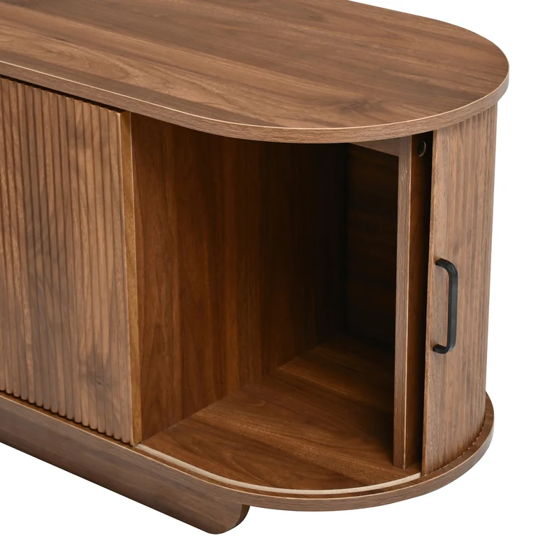 Meuble TV effet noyer avec portes coulissantes, tiroirs et façade 3D 180x40x50cm PILLOWRATTAN