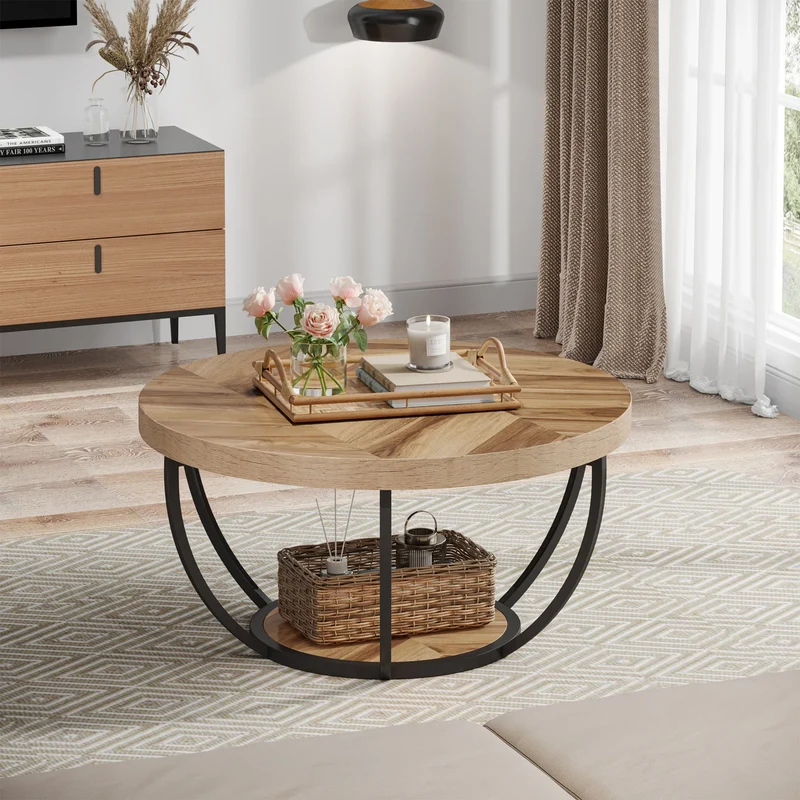Table basse Isabelle — bois, style industriel, rangement intégré, 2 niveaux