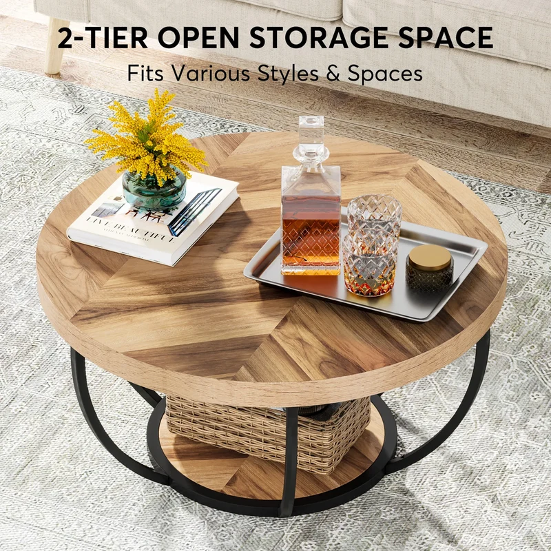 Table basse Isabelle — bois, style industriel, rangement intégré, 2 niveaux