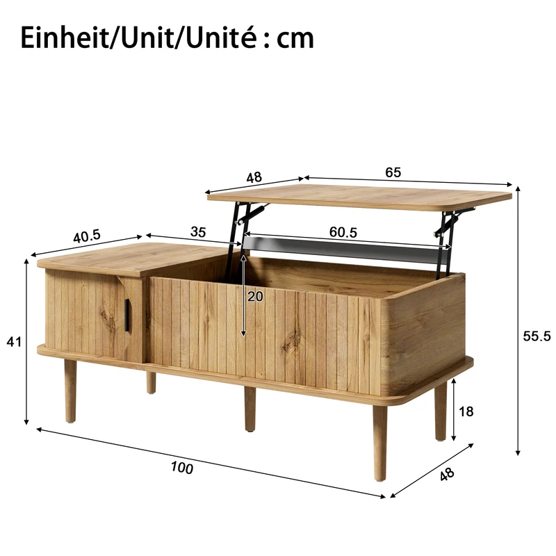 Table basse relevable effet bois, rétro, porte coulissante 100x48cm PILLOWDARK