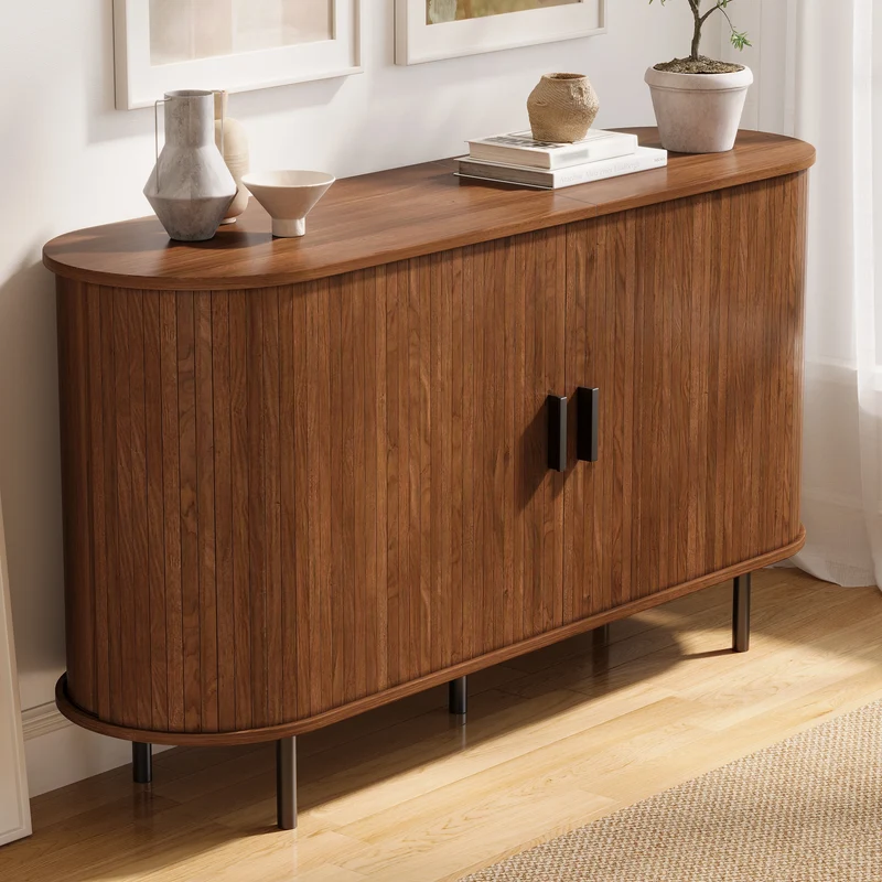 Buffet noyer style vintage 2 portes coulissantes, cannage rainuré 140cm PILLOWMAX