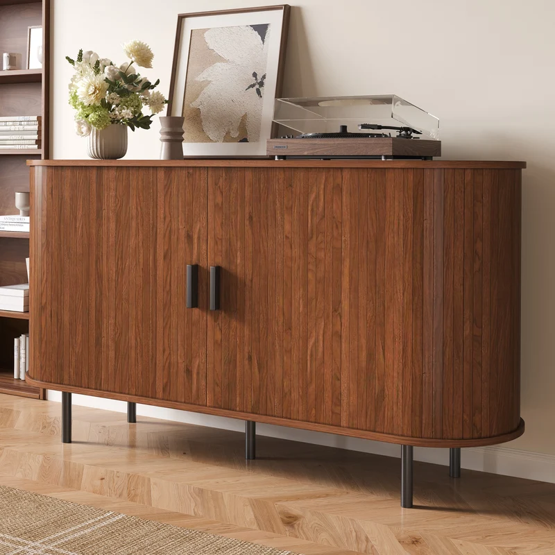 Buffet noyer style vintage 2 portes coulissantes, cannage rainuré 140cm PILLOWMAX