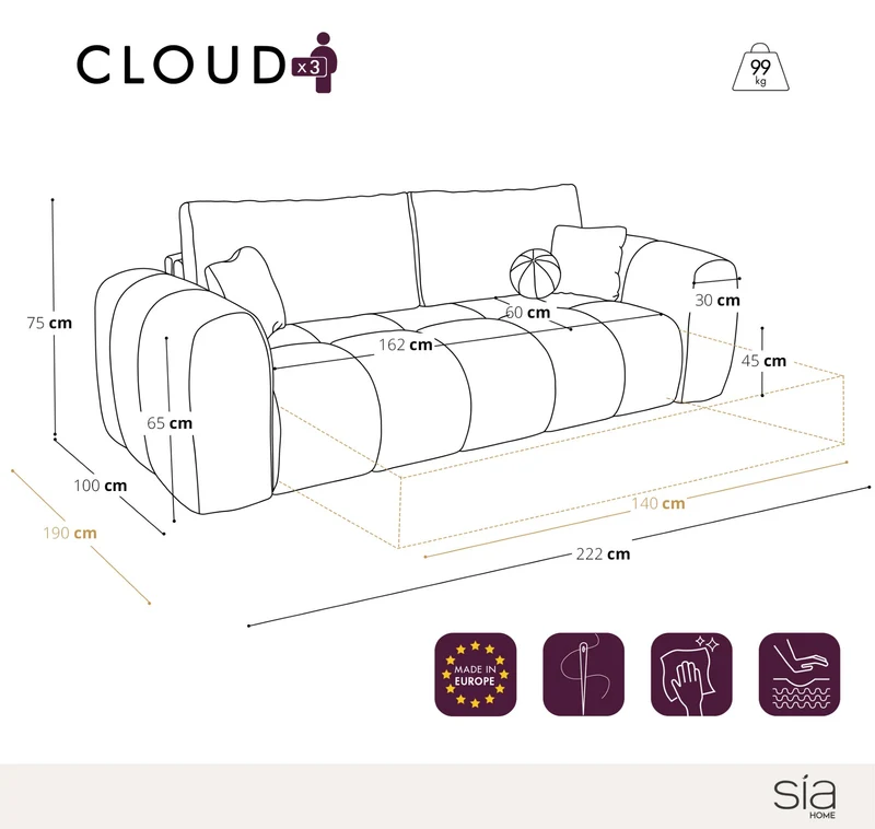 Canapé convertible express matelas Dunlopillo 140cm CLOUD Velours texturé