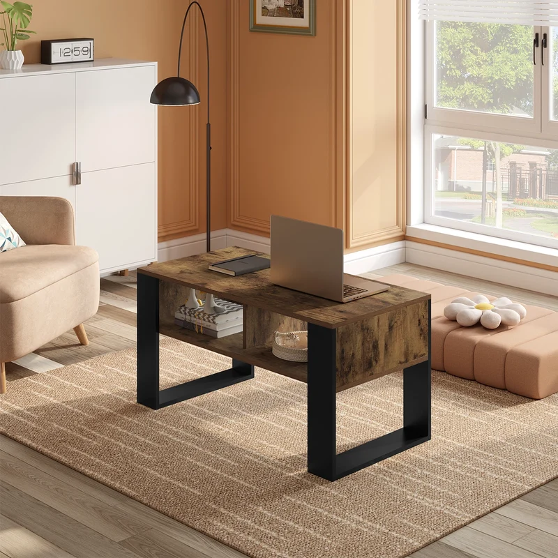 Table basse Théophile — style industriel, double niche, finition bois