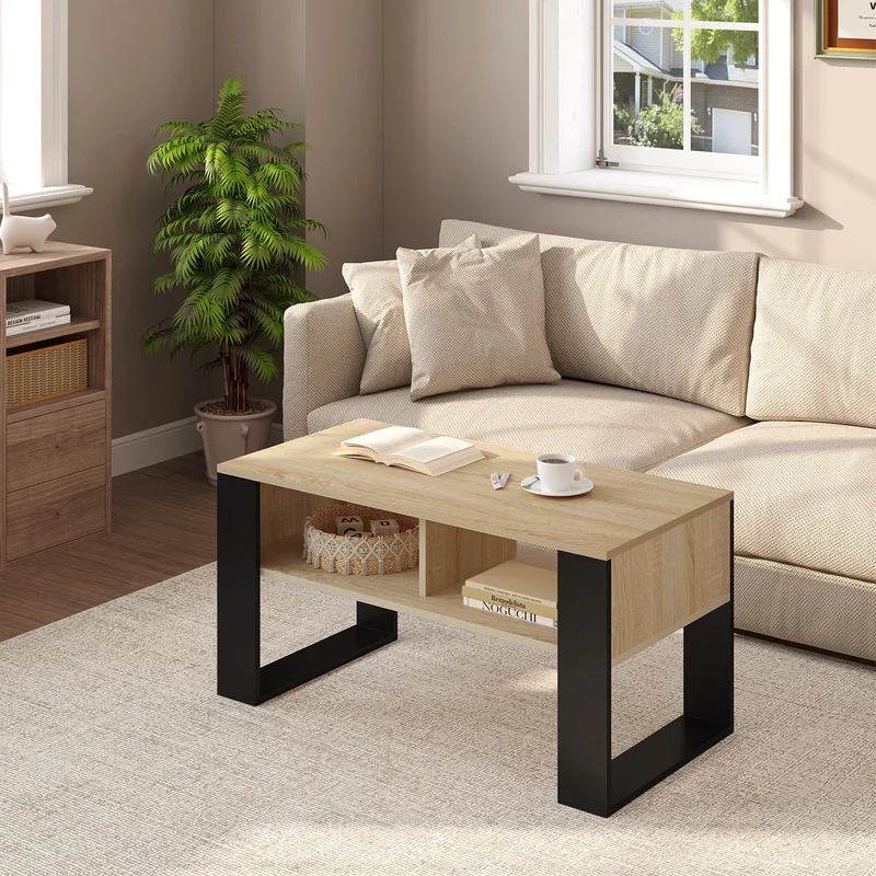 Table basse Théophile — style industriel, double niche, finition bois