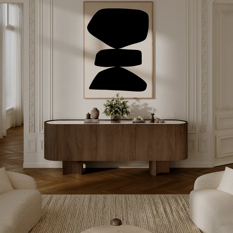 Buffet BOSCO en marbre naturel et bois noyer foncé 221cm