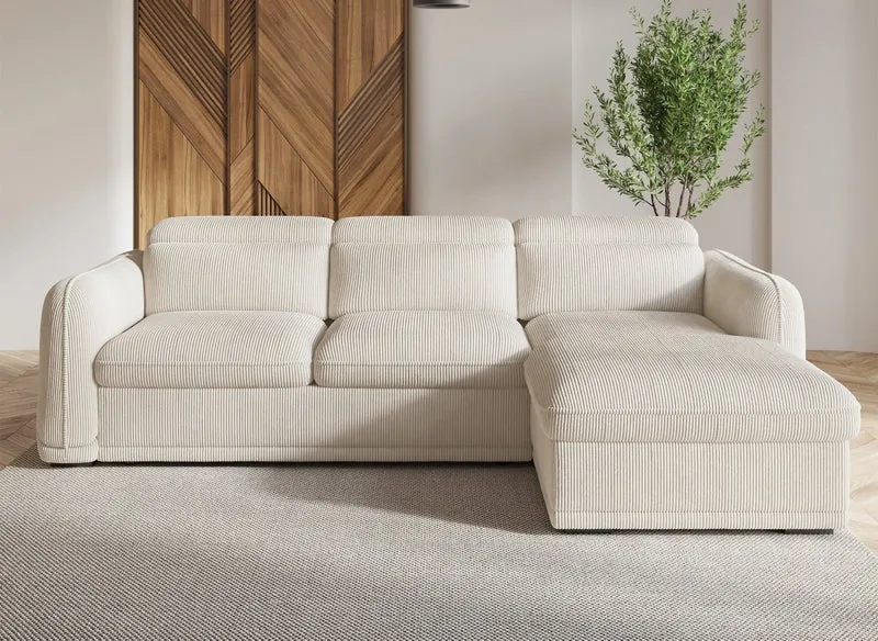 Canapé d'angle convertible avec coffre en velours côtelé épais beige PETUNIA - Angle droit