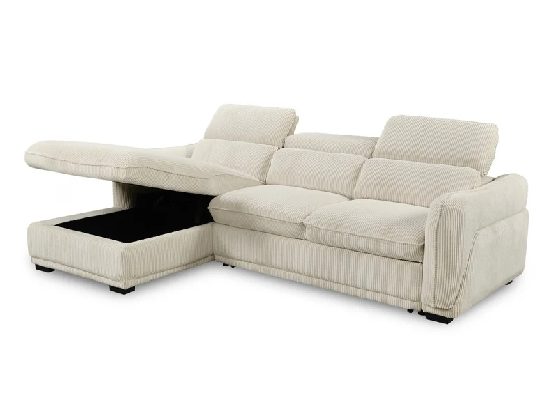 Canapé d'angle convertible avec coffre en velours côtelé épais beige PETUNIA - Angle gauche